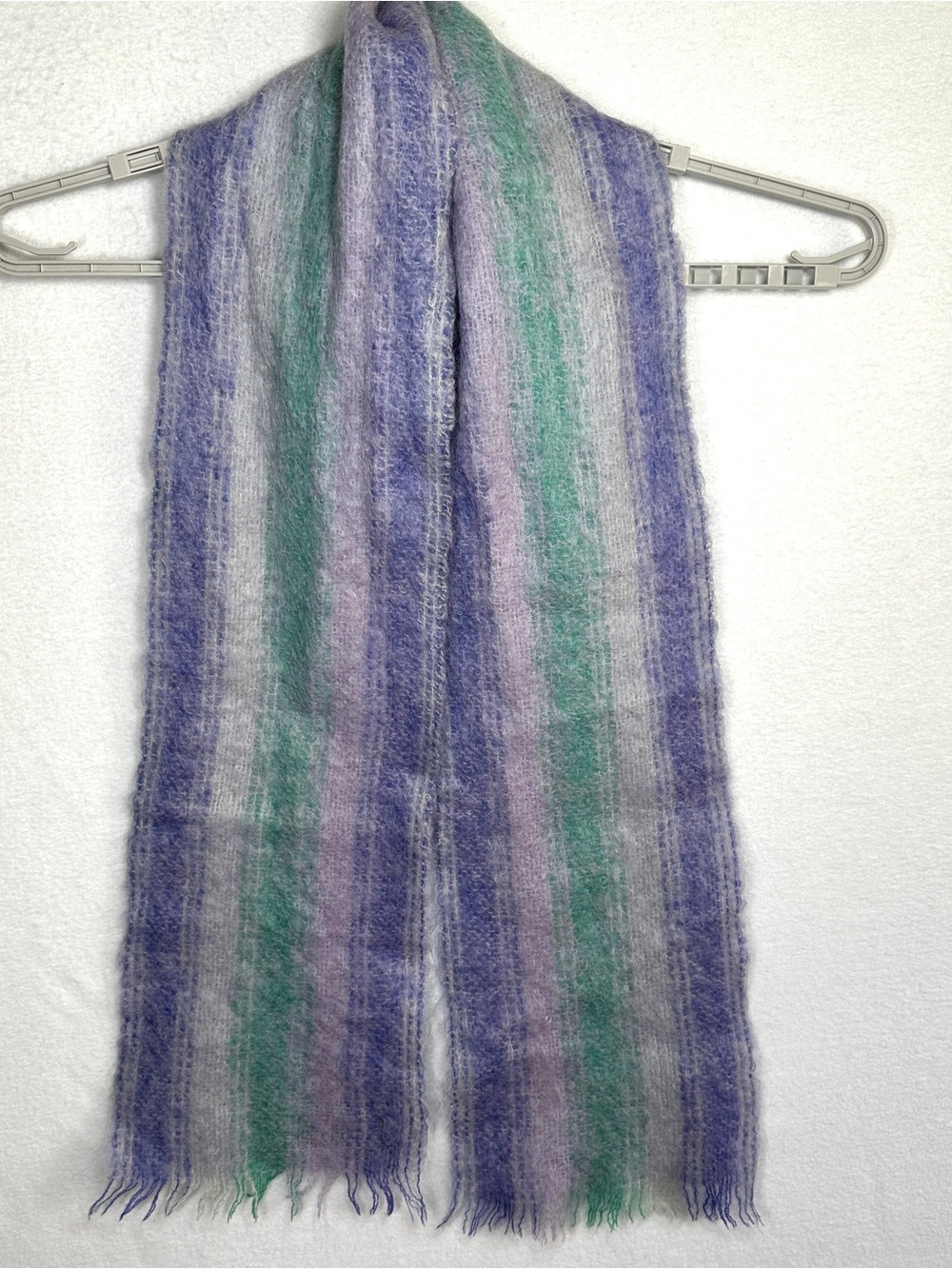 John Hanly & Co Vintage Wrap Scarf Mohair Wool Purple Green Fringe Ireland Irish
